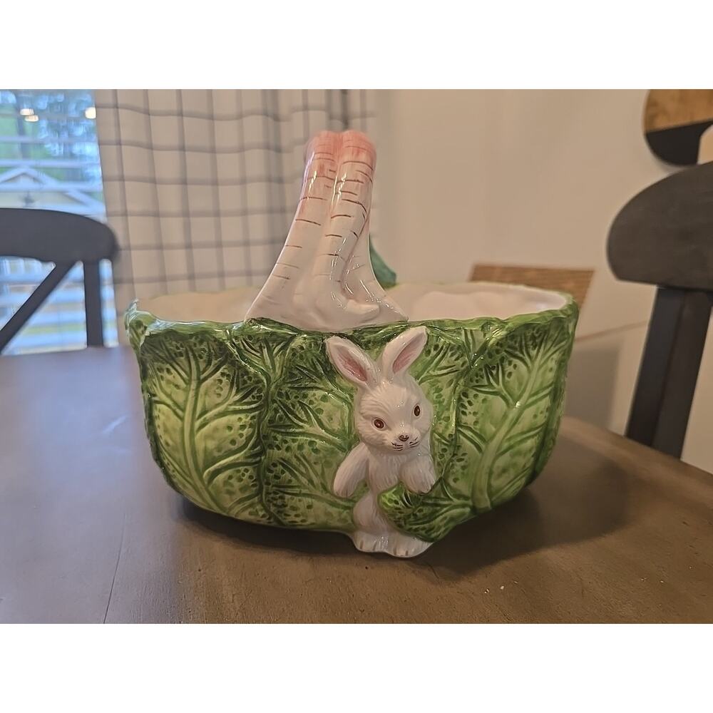 VTG 1991 Bunny Lane Strata Group Hand Paint Ceramic Easter Basket Cabbage Rabbit